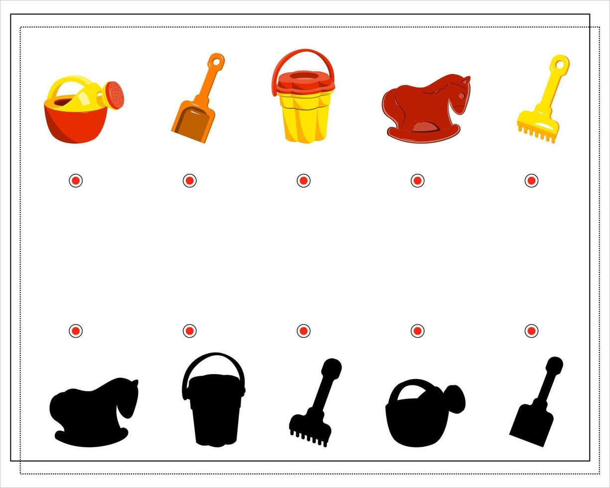 Puzzle game for kids find the right shadow. toys for sand, watering can bucket shovel rake sand mold vector