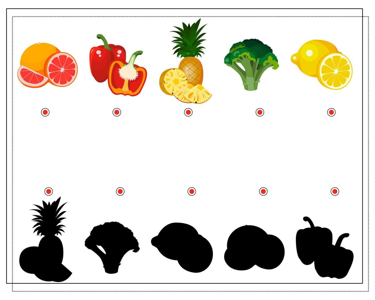 juego de rompecabezas para que los niños encuentren el tono correcto, frutas y verduras vector