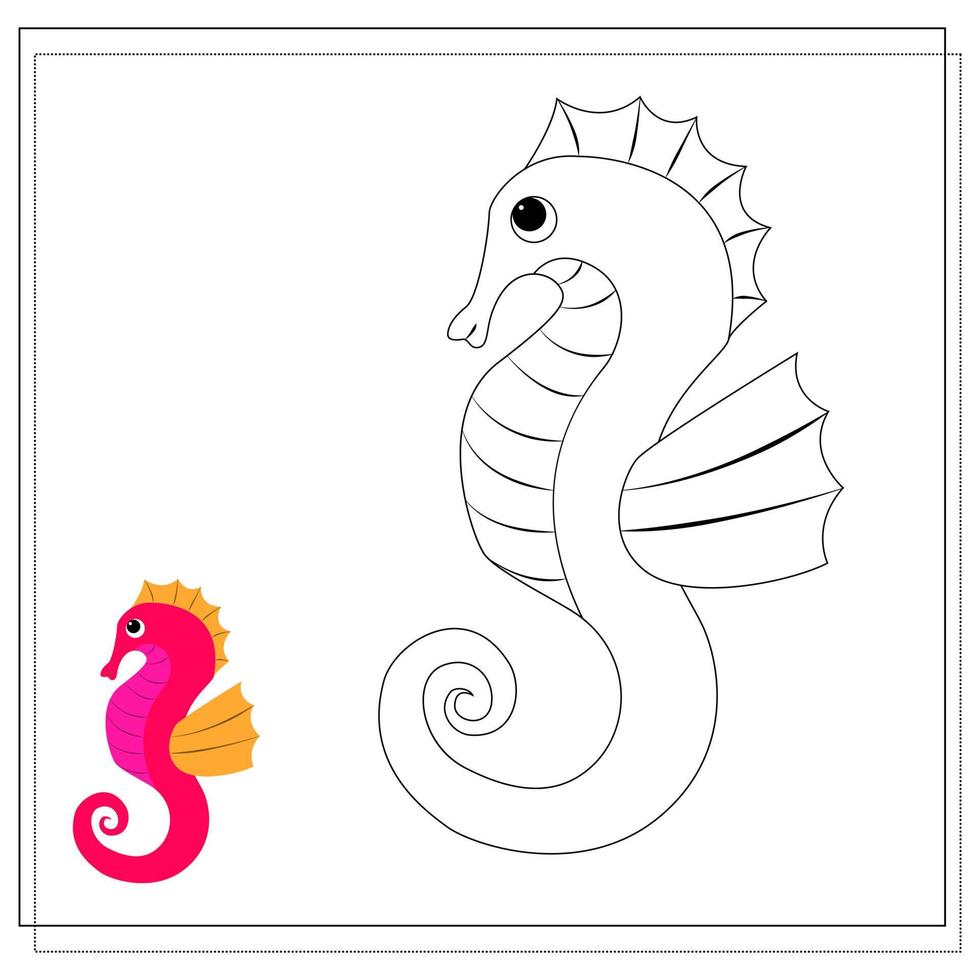 Page of the coloring book, seahorse. Sketch and color version. vector