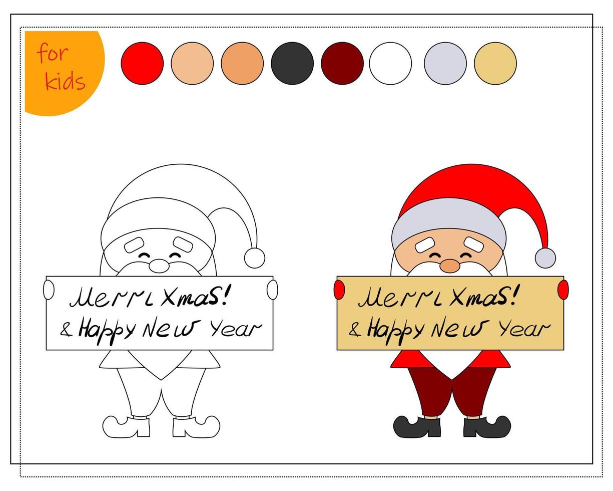 libro para colorear para niños, dibujos animados de santa con un cartel. vector