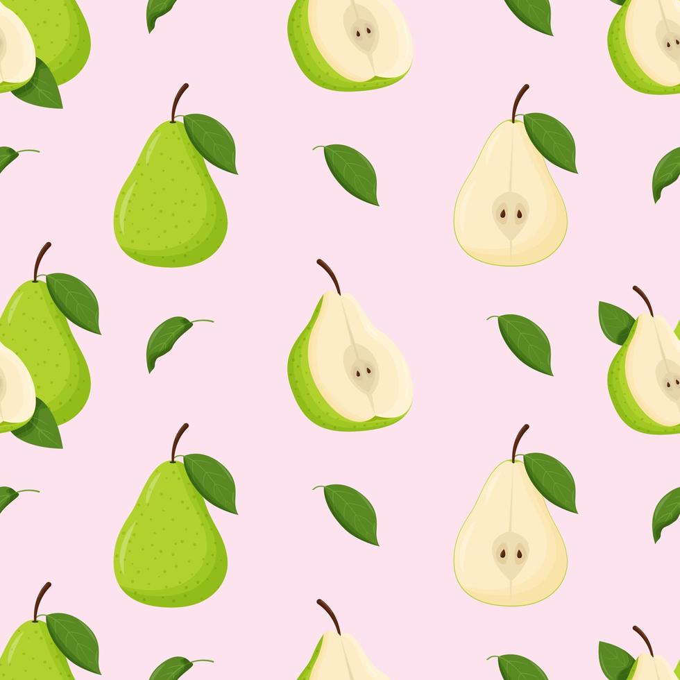 Green pears with green leaves seamless pattern. Flat vector illustration.