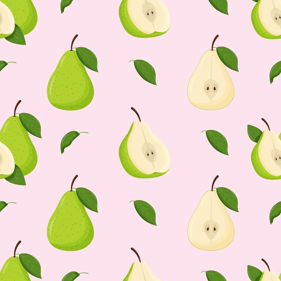 Green pears with green leaves seamless pattern. Flat vector illustration.