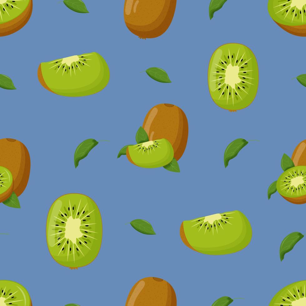 Kiwi with green leaves seamless pattern. Flat vector illustration.