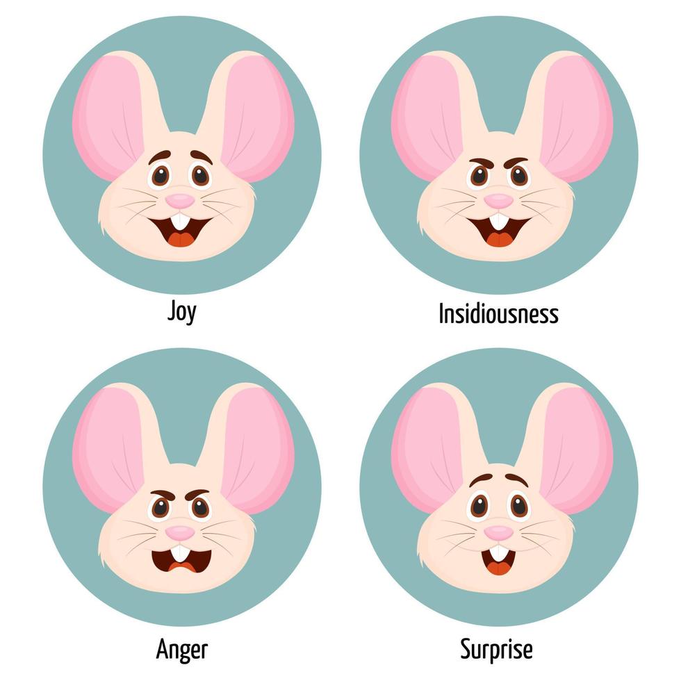 Set of different emotions of a mouse character. Facial expression. Set of mouse character feelings vector