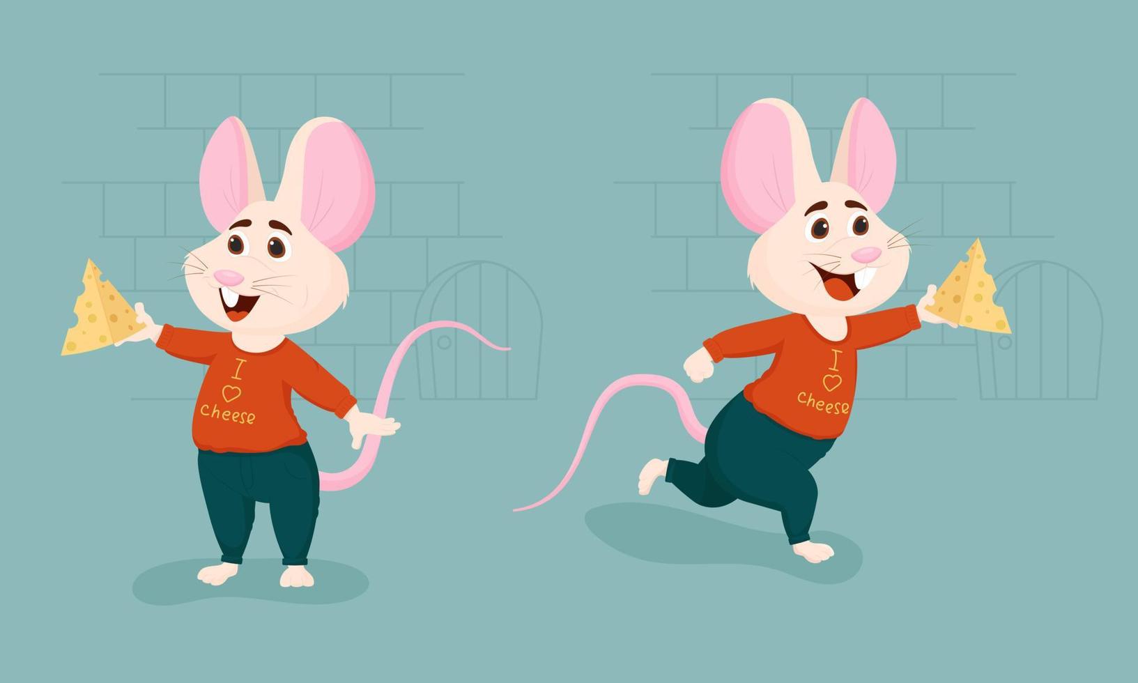 Cartoon smiling mouse character with cheese. Flat vector illustration.