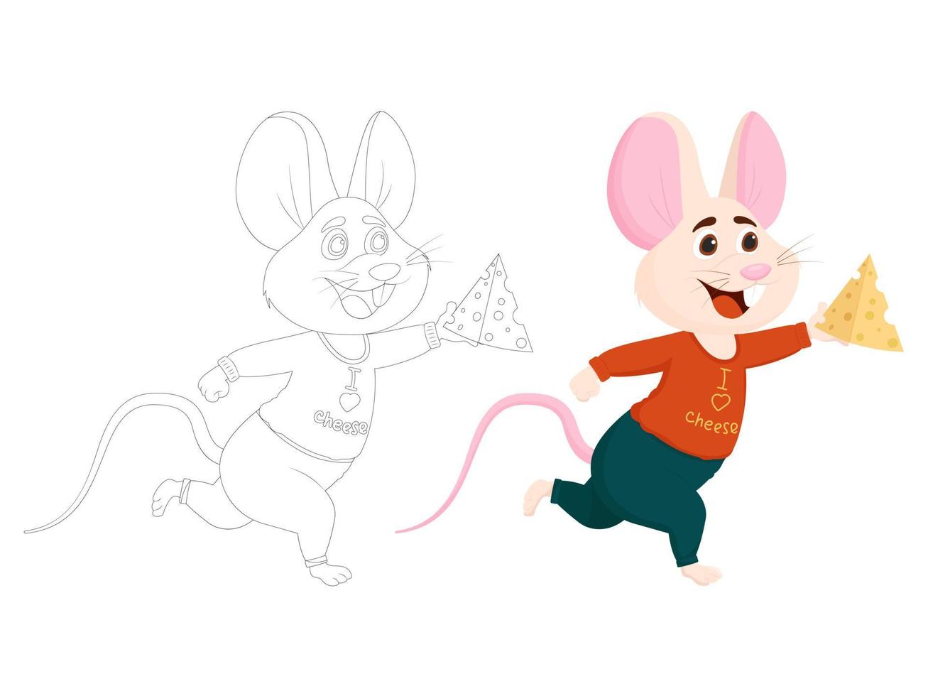 Cartoon smiling mouse character with cheese. Flat vector illustration.