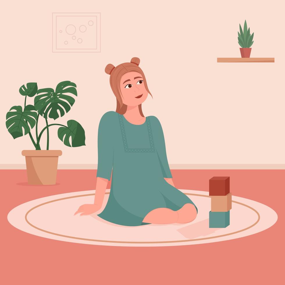 Girl sitting on floor and playing with toys. Flat vector Illustration.