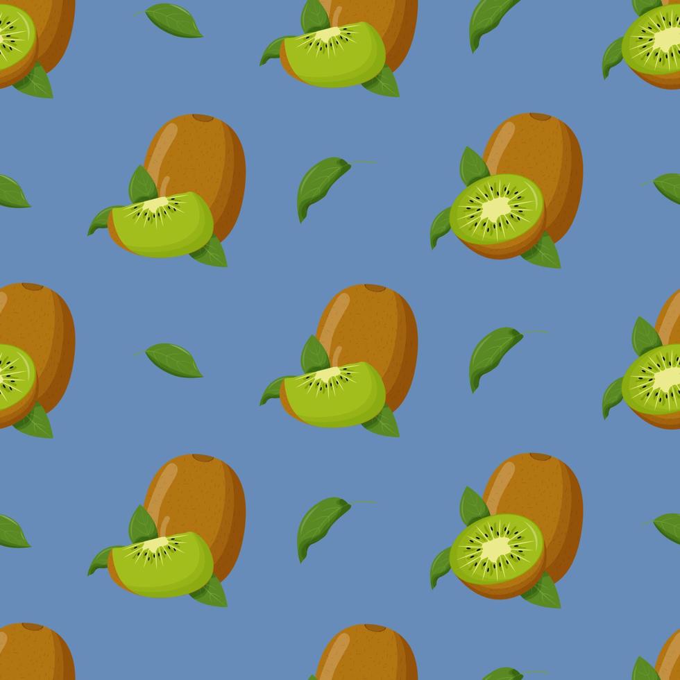 Kiwi with green leaves seamless pattern. Flat vector illustration.