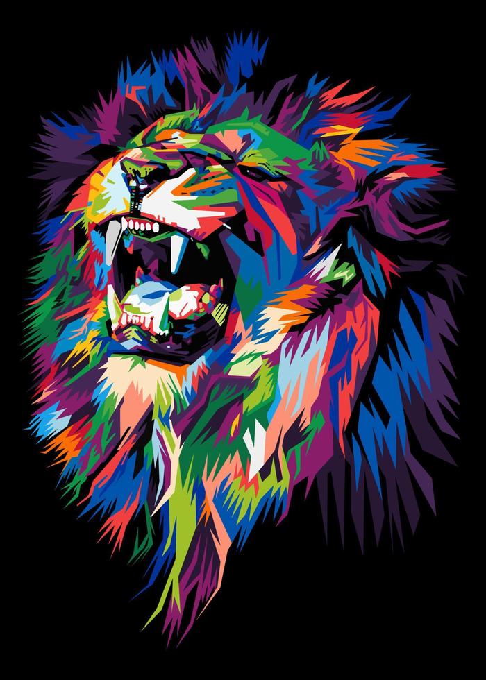 colorful lion head on pop art style isolated with black backround vector