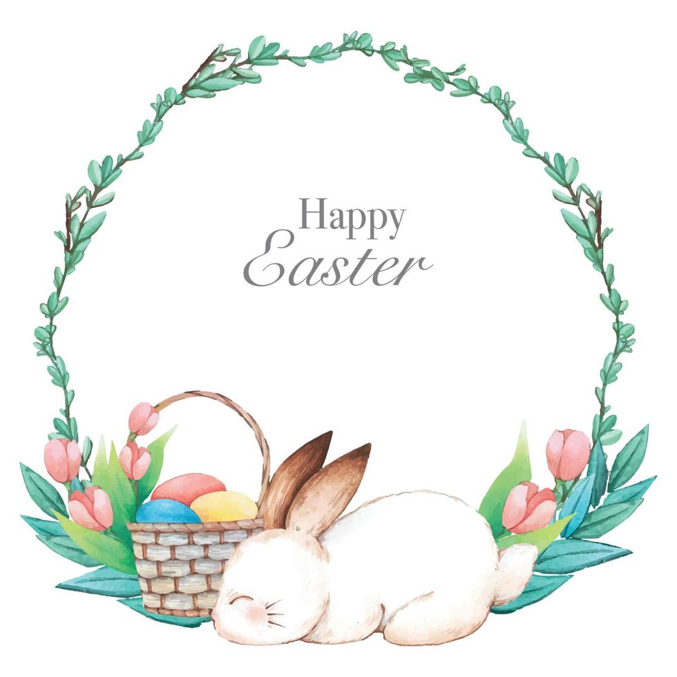 Watercolor wreath frame with spring easter decoration. Vector illustration.
