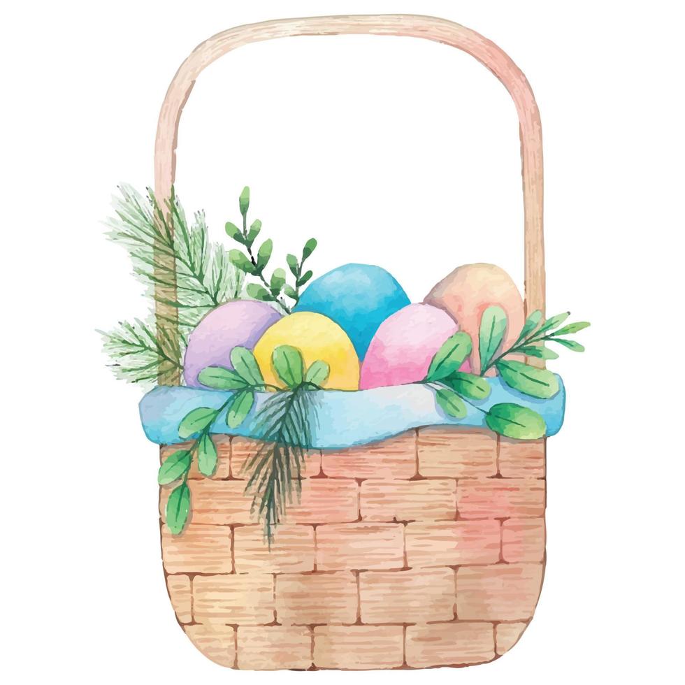 Hand drawn happy Easter basket watercolor. Vector illustrations.