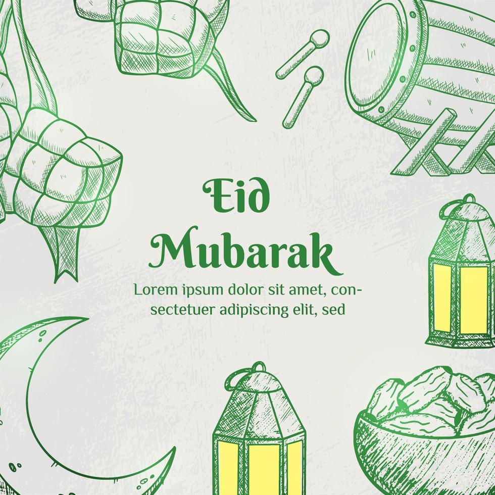 ilustración de eid mubarak con concepto de ketupat, bedug y linterna. estilo de boceto dibujado a mano vector