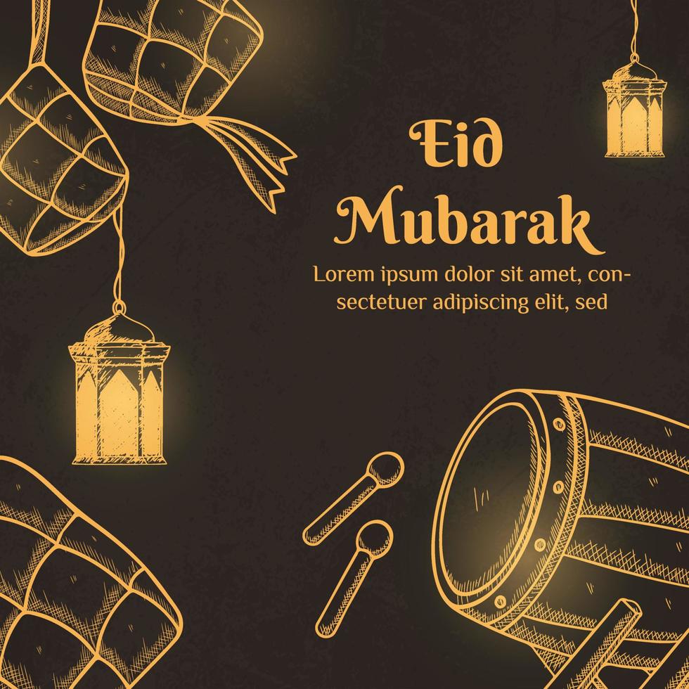 ilustración de eid mubarak con concepto de ketupat, bedug y linterna. estilo de boceto dibujado a mano vector