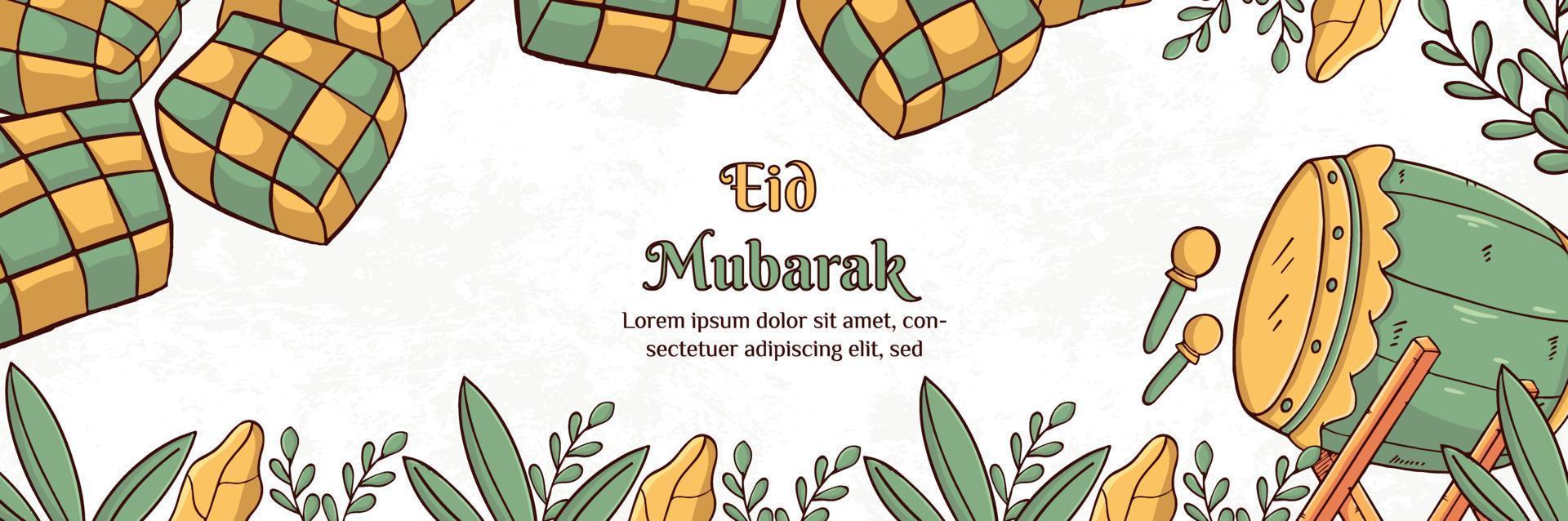 ilustración de eid mubarak con ketupat, concepto bedug. dibujado a mano y estilo plano vector