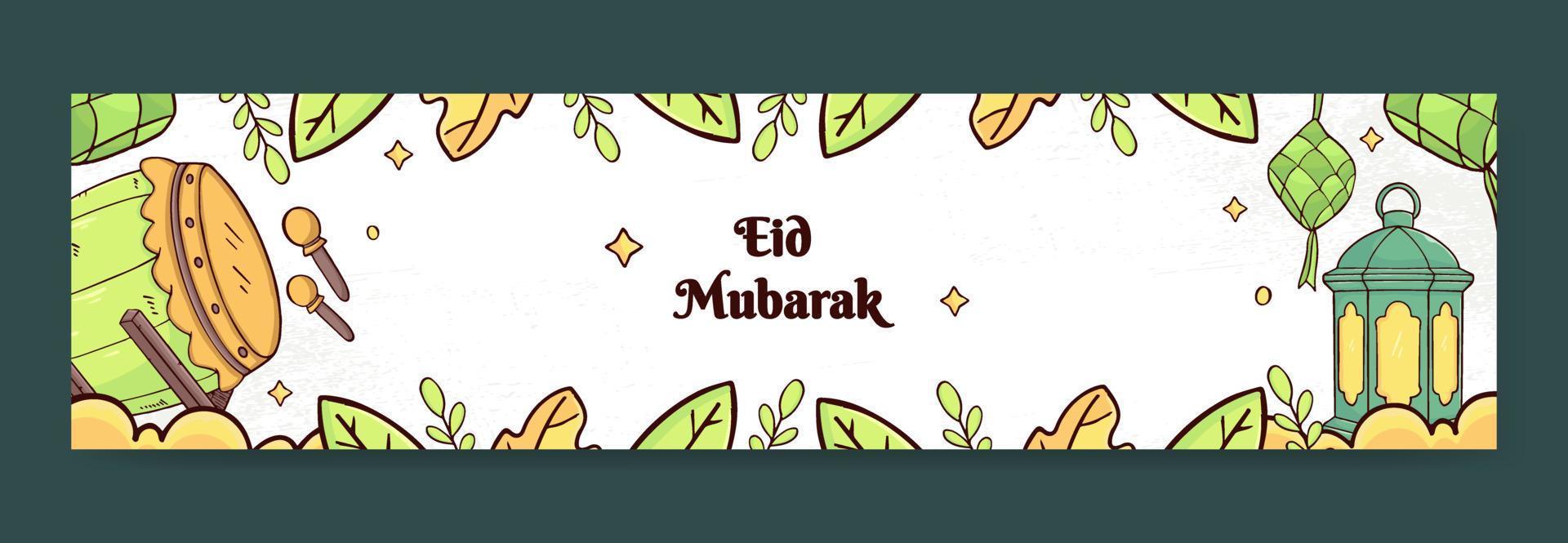 Eid  Mubarak Banner Template  With Ketupat and Bedug Concept. Hand Drawn And Flat Style vector
