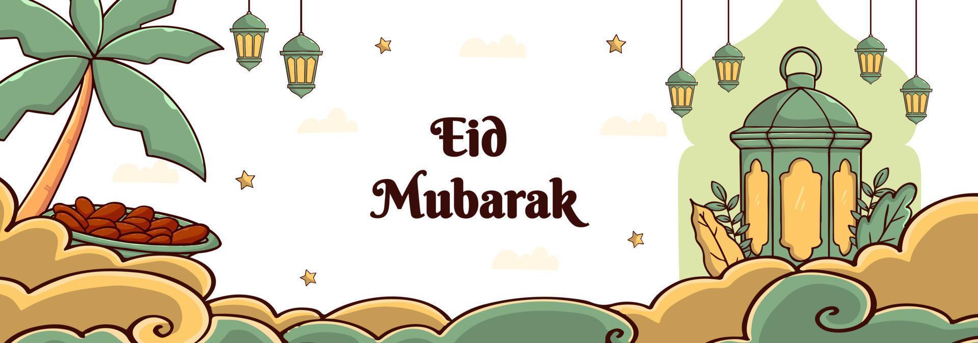 plantilla de banner de eid mubarak con concepto de linterna. dibujado a mano y estilo plano vector