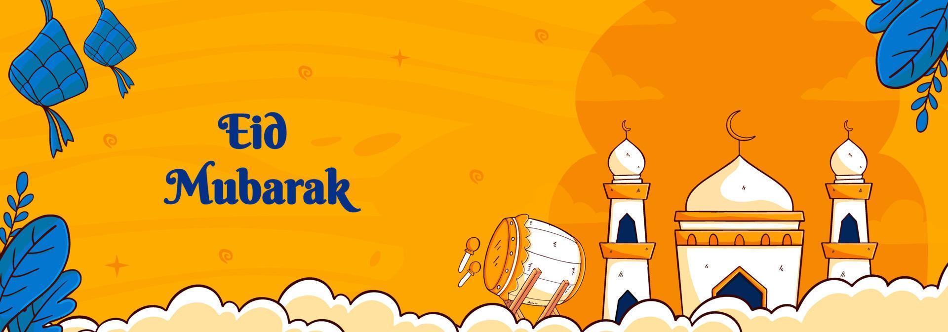 Eid  Mubarak Banner Template  With Ketupat and Mosque Concept. Hand Drawn And Flat Style vector