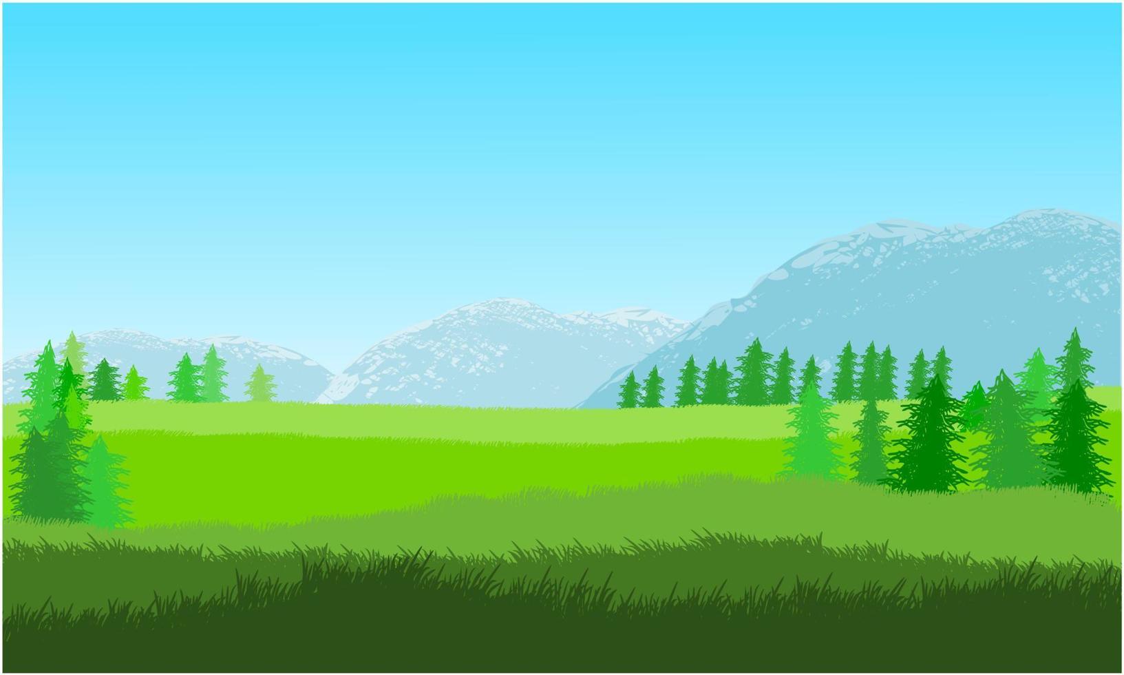 paisaje de fondo de campo de hierba, fondo de pradera, montaña y cielo vector