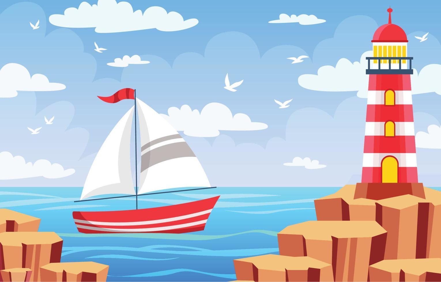 Beautiful Sea with Light House and Boat vector