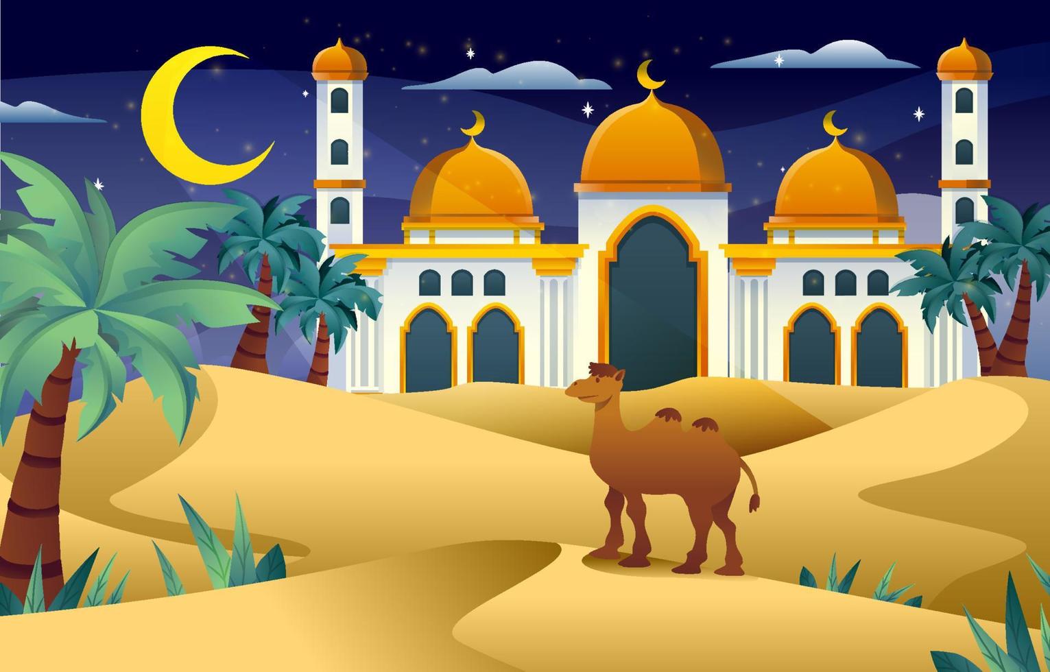 Night at the Dessert with Mosque and Camel vector