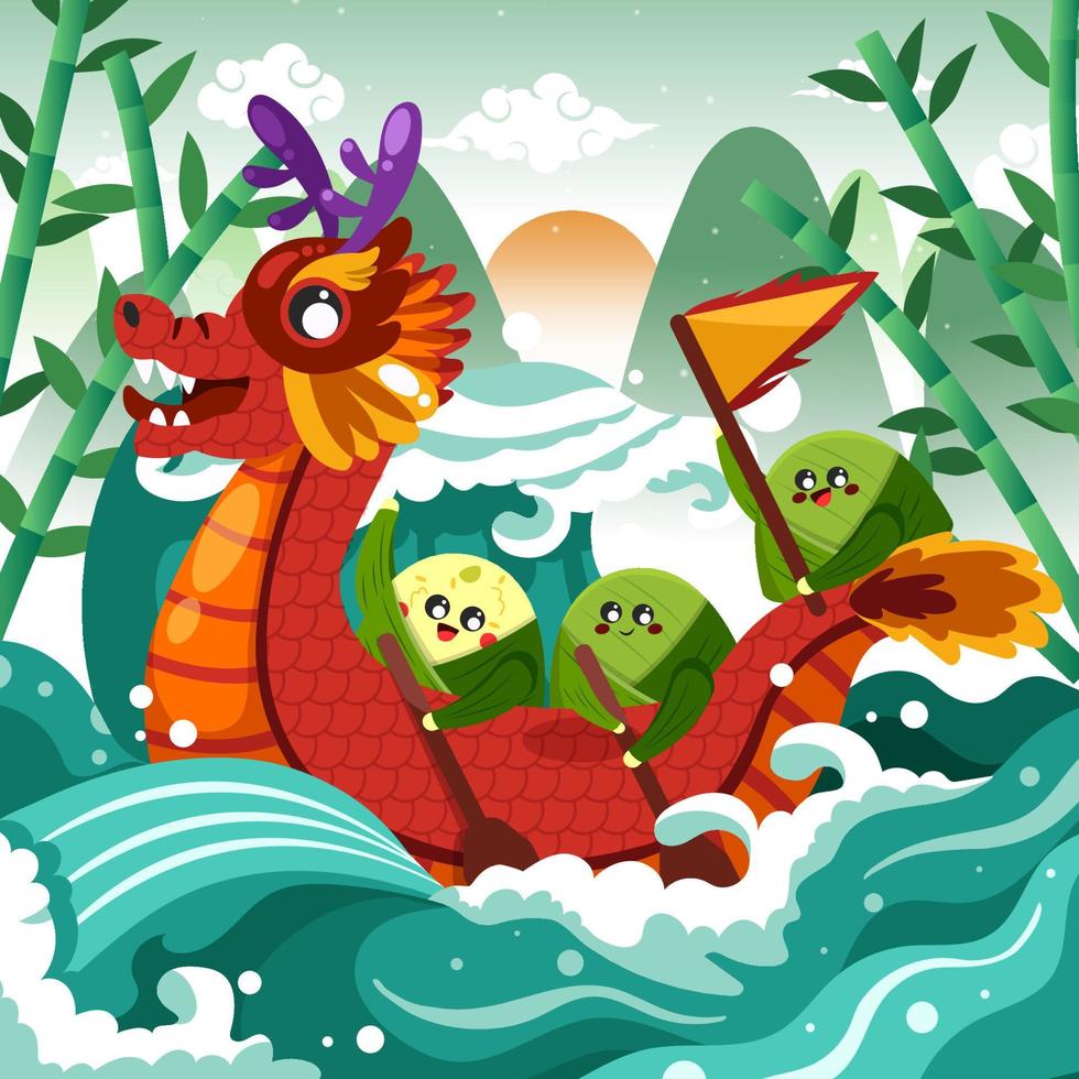 Dragon Boat Sailing at the River with Sticky Rice Dumpling vector