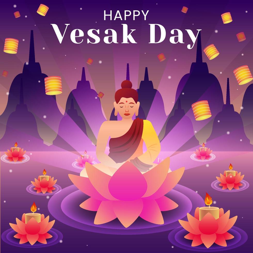 feliz celebración del día de vesak con linterna y loto vector