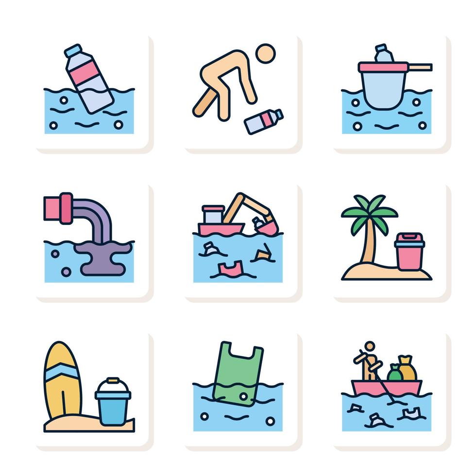 colección de iconos de limpieza de playas vector