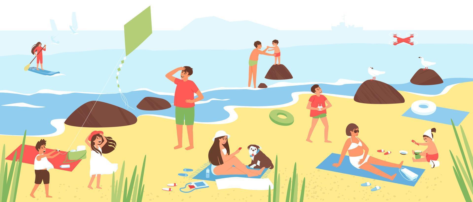 Seaside beach with people relaxing on vacation vector