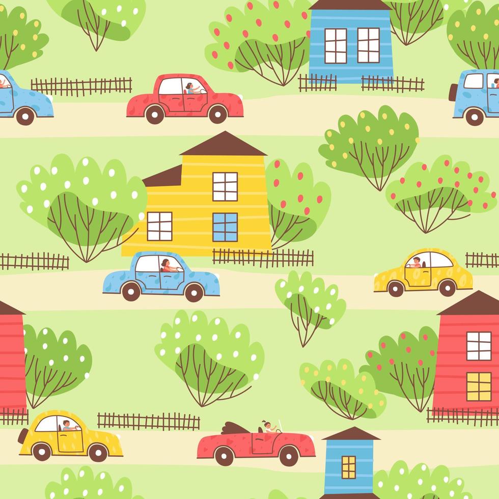 Seamless pattern with funny cars and houses vector