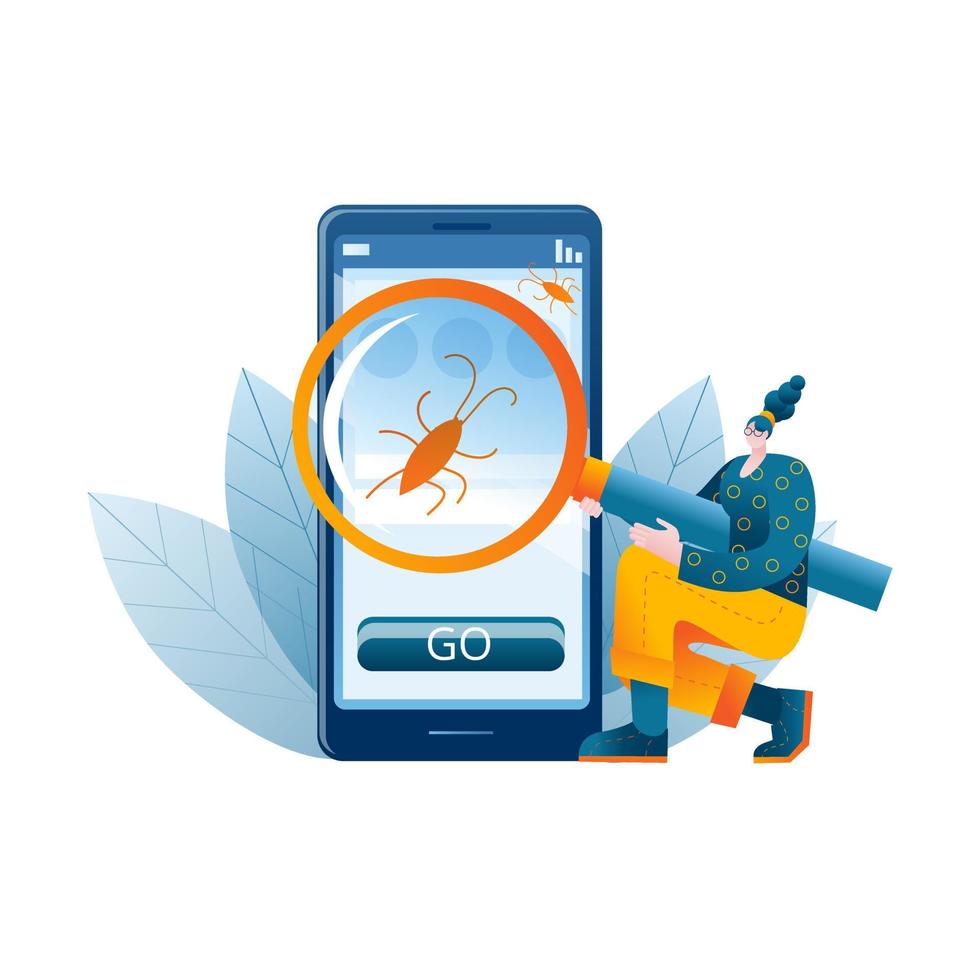 The QA engineer looks for bugs in the mobile app. vector