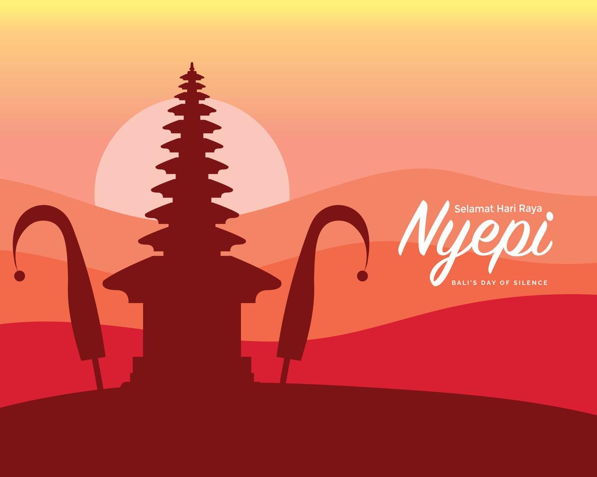 Nyepi Silhouette Bali Temple Sunset Color vector