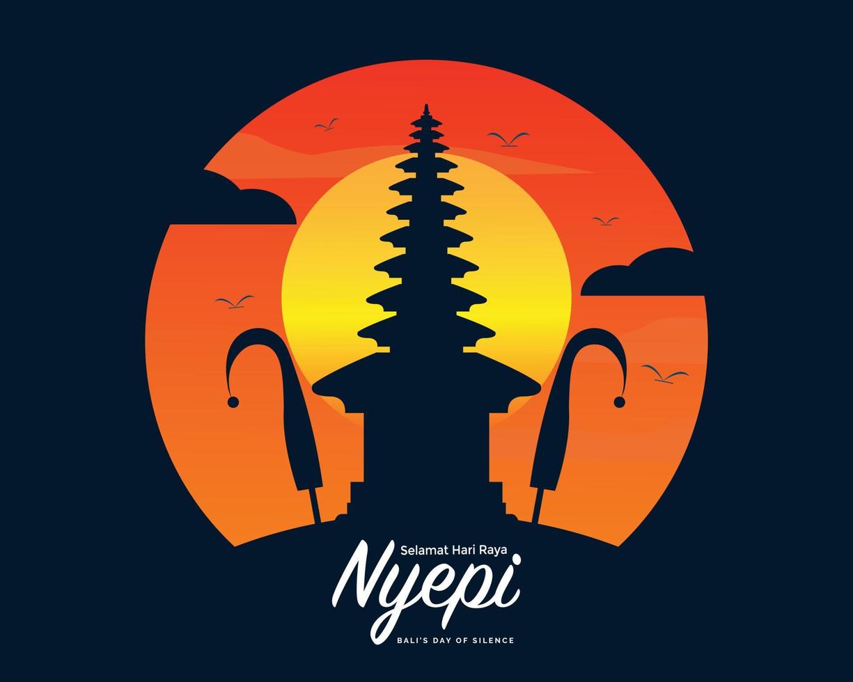 nyepi con la puesta de sol de bali y la silueta del templo vector