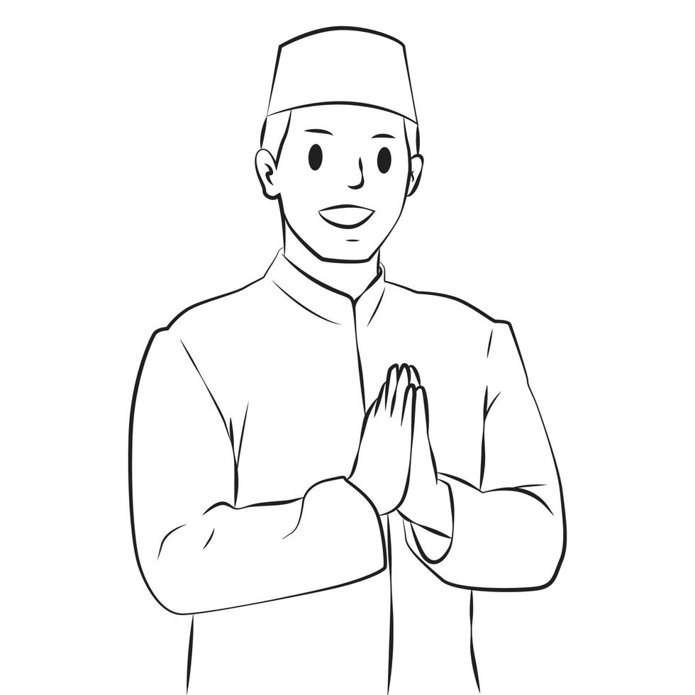 Muslim man welcome pose outline people cartoon illustration vector