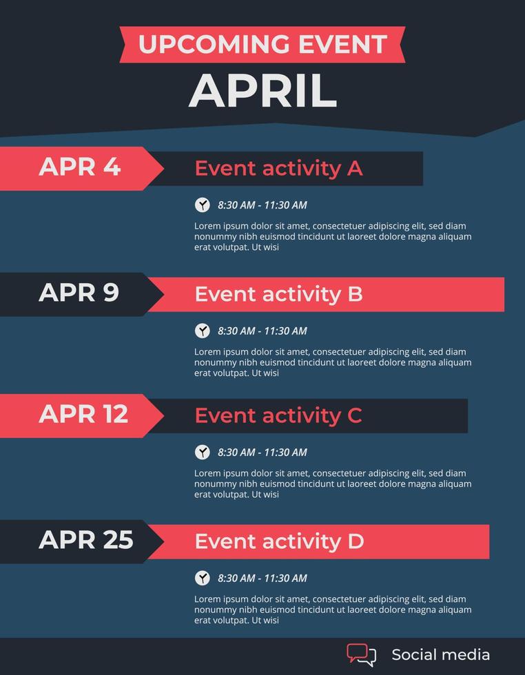 Upcoming monthly event schedule flyer poster template. vector