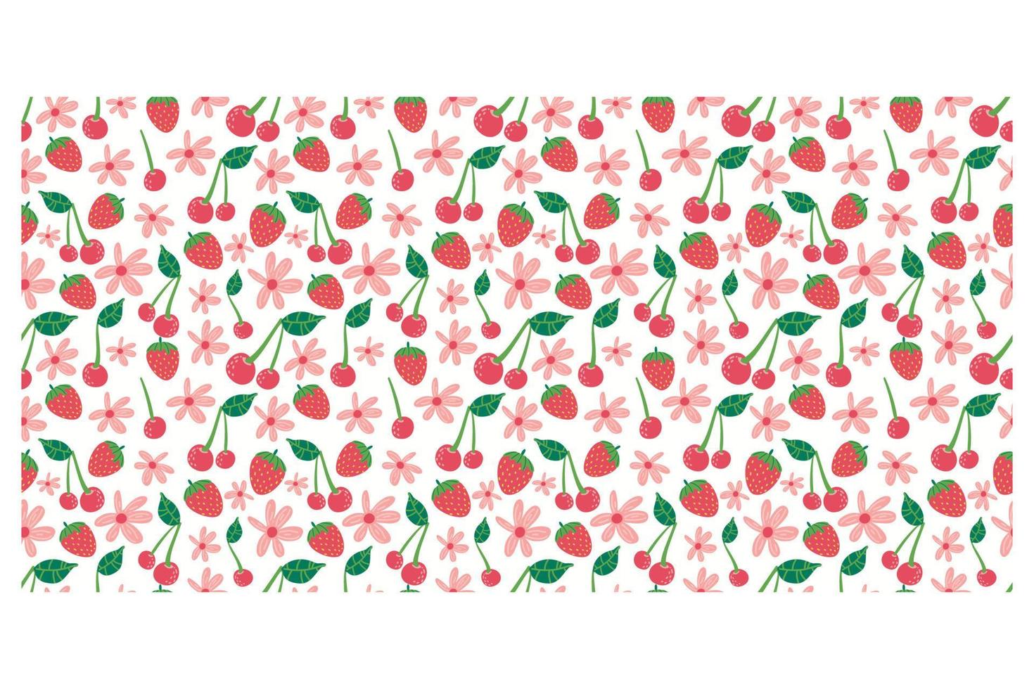 Summer seamless pattern with fruits, berries and blossom. Sweet cartoon background for textile, fabric, decorative paper. Vector