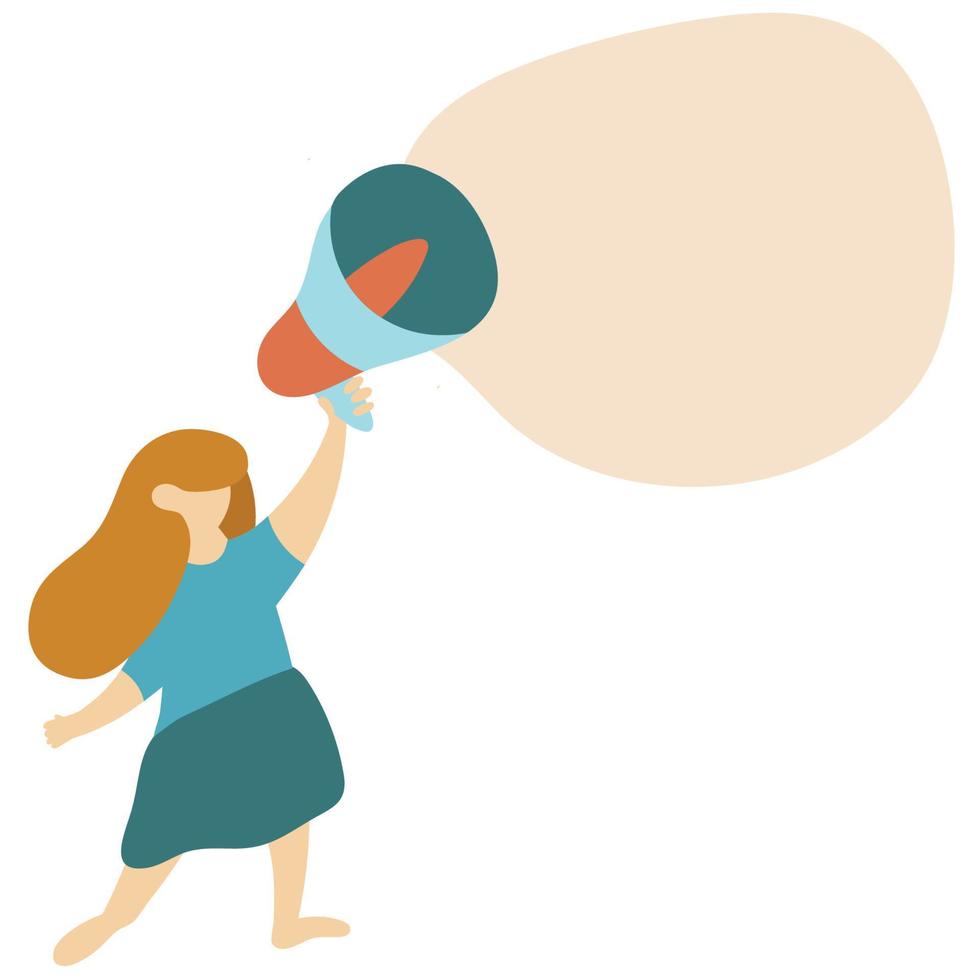 Cute girl with a megaphone. Vector cartoon flat woman character with loudspeaker illustration.