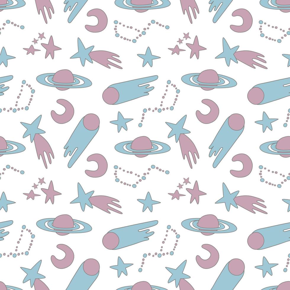 Galaxy cosmic seamless pattern with planets, stars and comets. Childish vector hand drawn cartoon illustration in simple sticker style