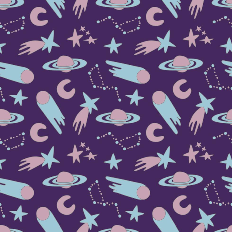 Galaxy cosmic seamless pattern with planets, stars and comets. Childish vector hand drawn cartoon illustration in simple sticker style