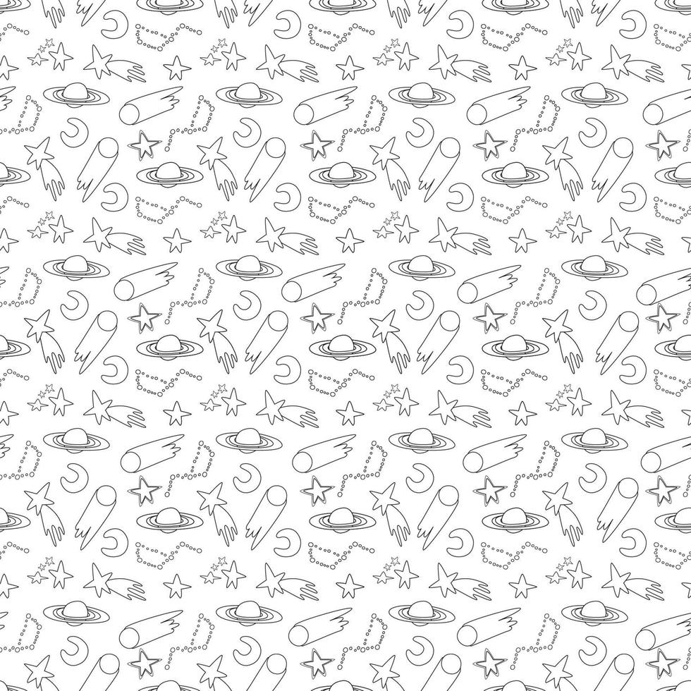 Galaxy cosmic seamless pattern with planets, stars and comets. Childish vector hand drawn cartoon illustration in simple scandinavian style. Pastel isolated on a white background.