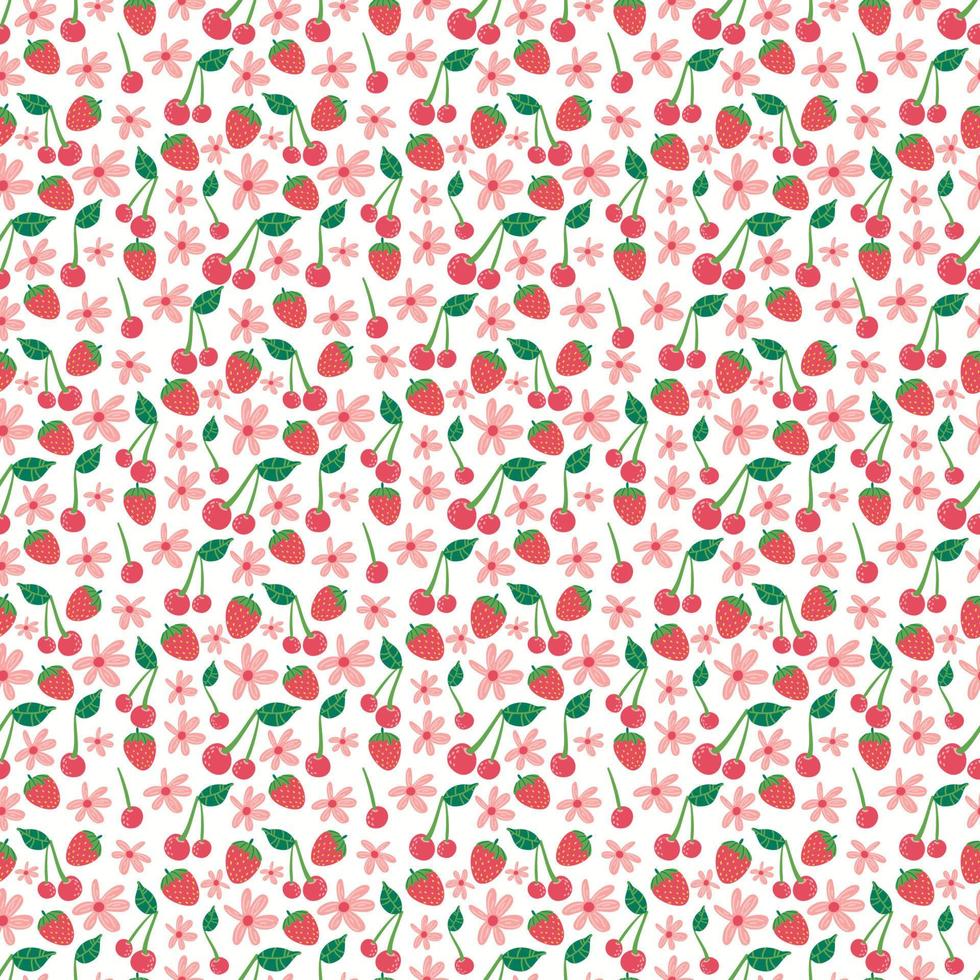 verano de patrones sin fisuras con frutas, bayas y flores. Fondo de dibujos animados dulce para textil, tela, papel decorativo. vector