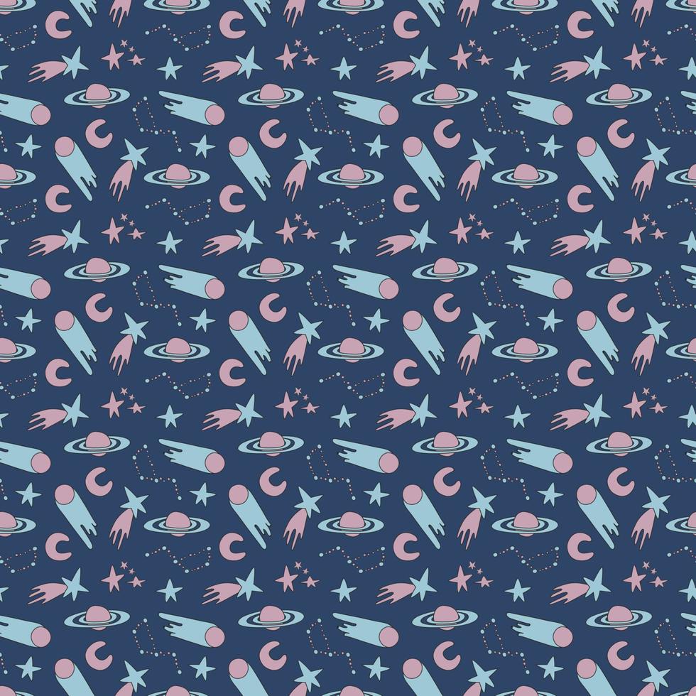 Galaxy cosmic seamless pattern with planets, stars and comets. Childish vector hand drawn cartoon illustration in simple sticker style