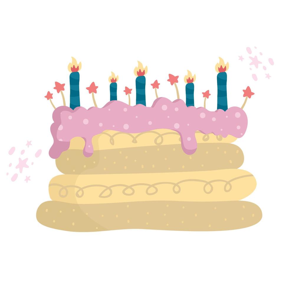 pastel de cumpleaños de diseño plano con vela y decoración. Ilustración de vector de pastel dulce de cumpleaños