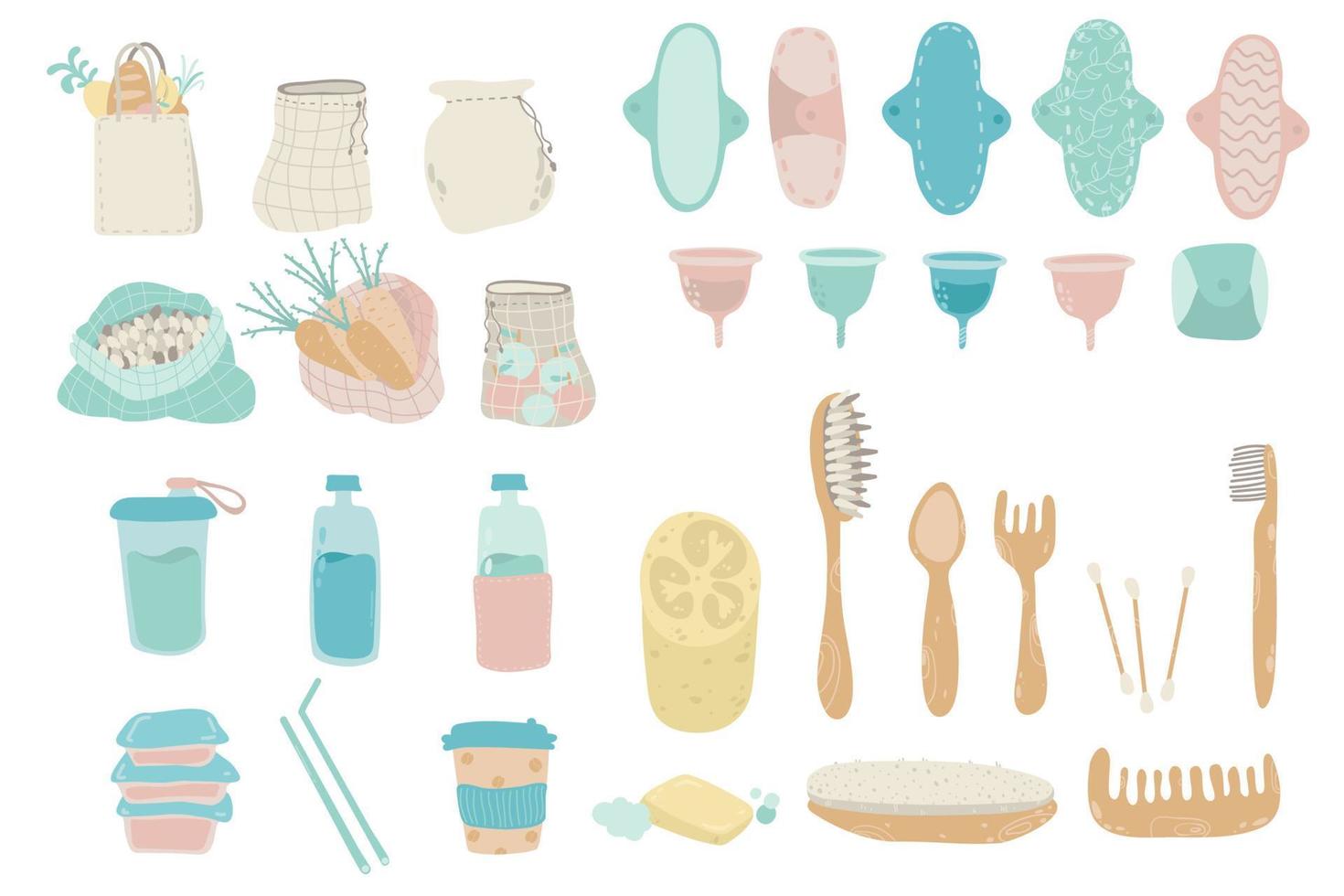 Collection Zero Waste lifestyle reusable items, products - glass jars, eco grocery bags, wooden cutlery, comb, toothbrush and brushes, menstrual cup. Flat vector illustration set. No plastic