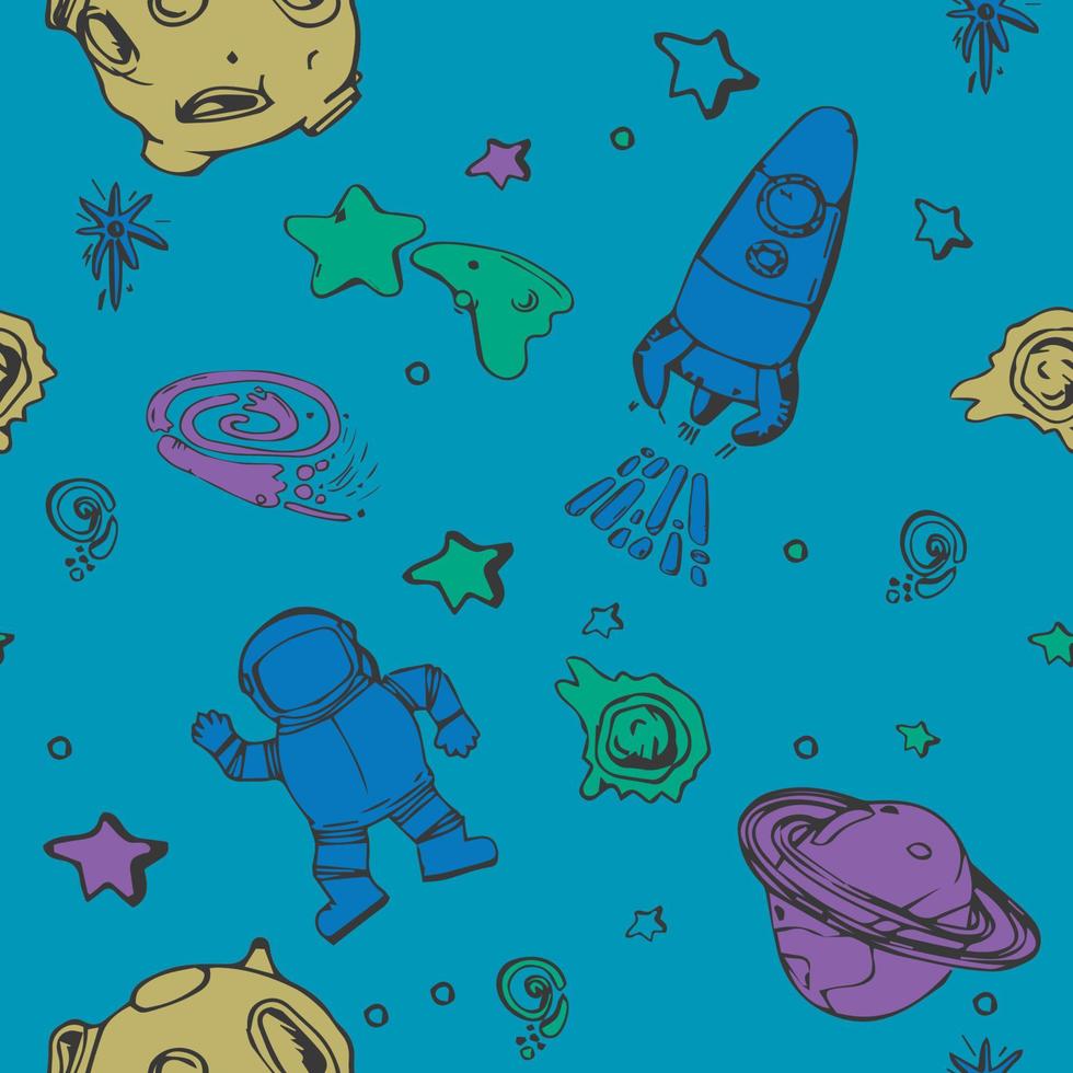 Space and astronaut seamless pattern. Starry sky background with cosmic elements. Hand drawn solar system, stars, planets, spaceships, rockets. vector