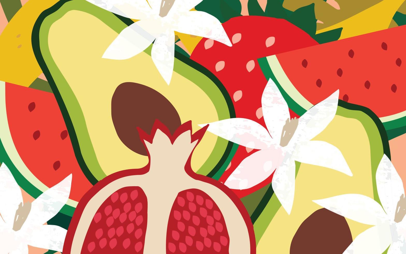 cartel de frutas exóticas. diseño tropical de verano con una mezcla colorida de frutas, fresas, granadas, aguacates y sandías. dieta saludable, ilustración de vector de fondo de comida vegana