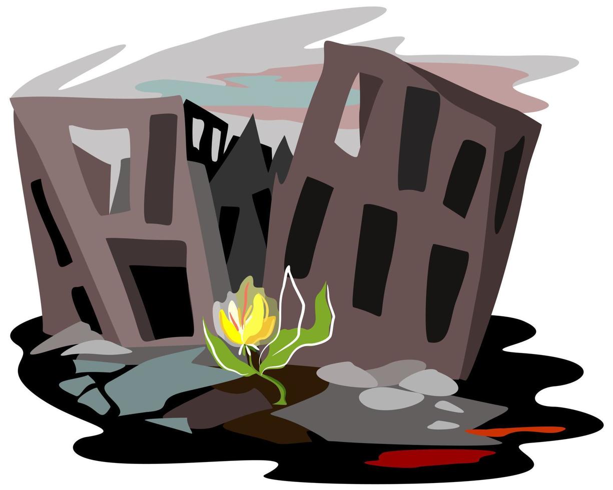 Vector illustration of flower, blooming on the ruins.
