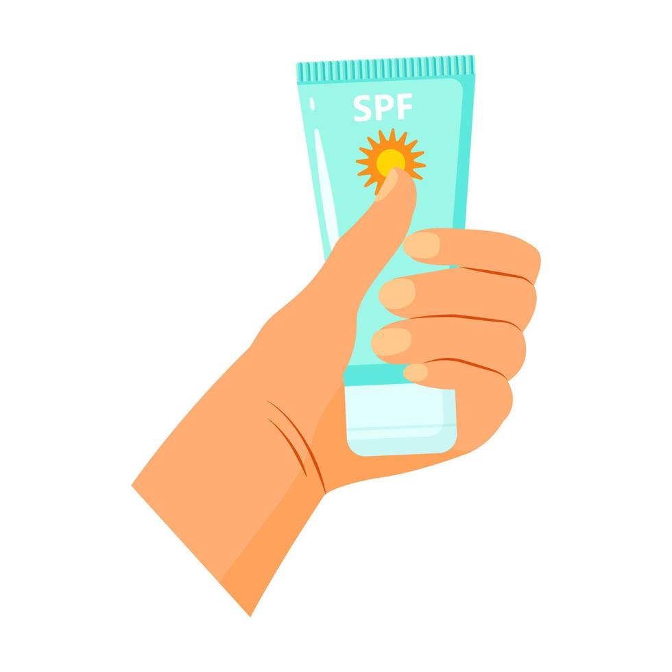 Hand holds tube of blue sunscreen. Lotion for UV protection in summer. vector