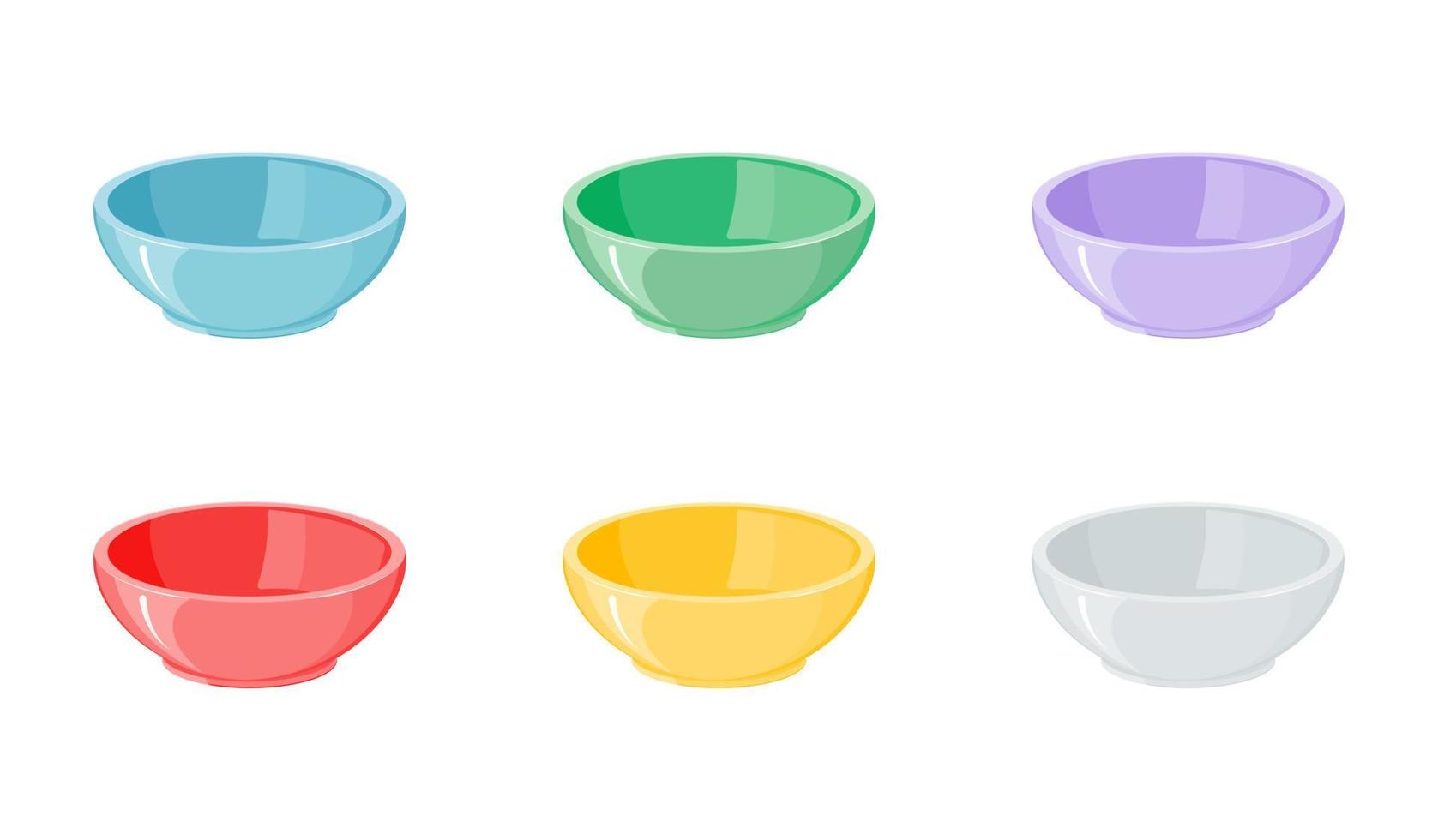 conjunto de cuencos profundos multicolores vacíos. ilustración vectorial de plato para sopa, arroz o papilla. vector