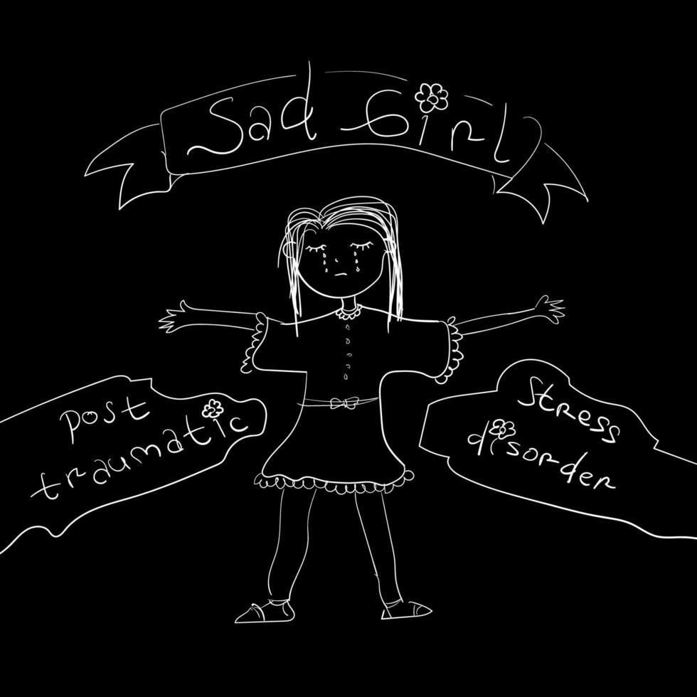 sad girl with post traumatic stress disorder text doodle style isolated in black vector design element