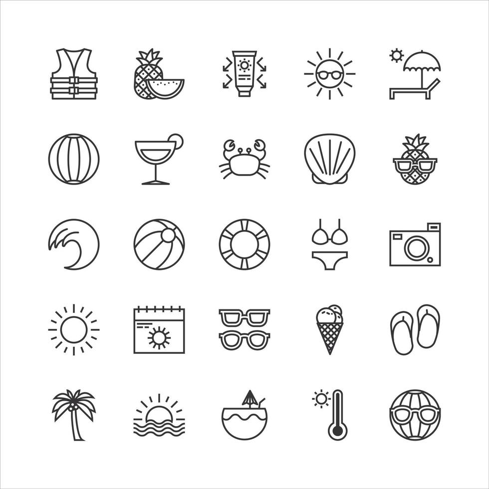 paquete de colección de iconos de línea plana de vibraciones de verano. vectores de diseño sencillo